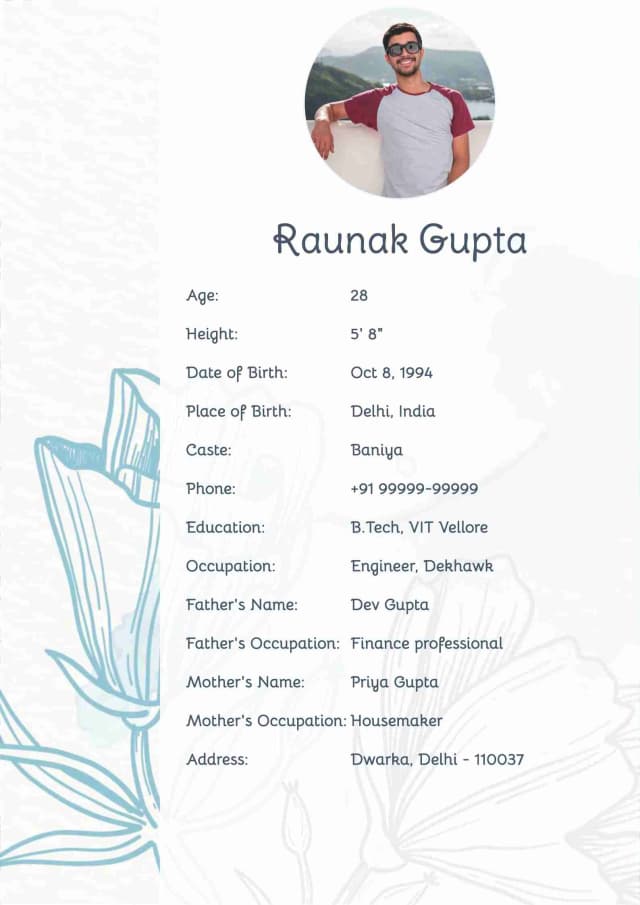 blossom marriage bio data template in english language