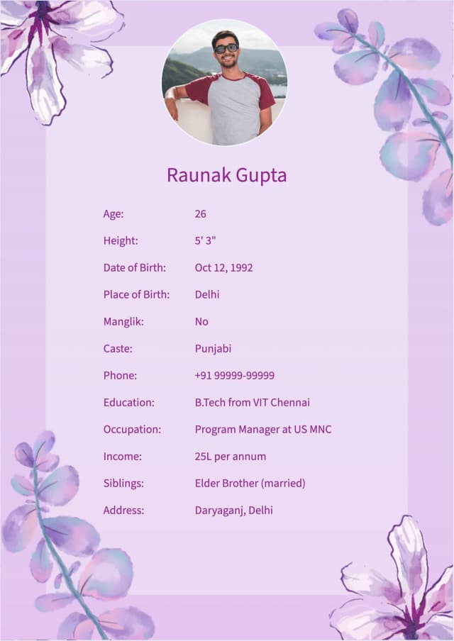iris marriage bio data template in english language