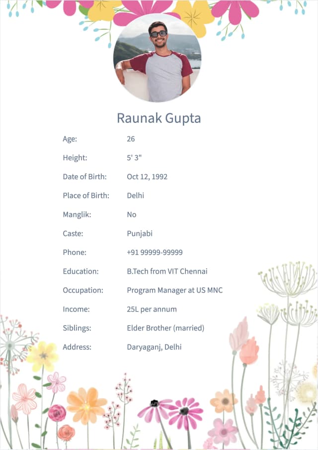 lilac marriage bio data template in english language