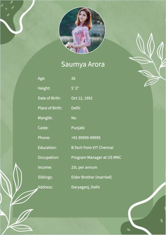 zinnia marriage bio data template in english language